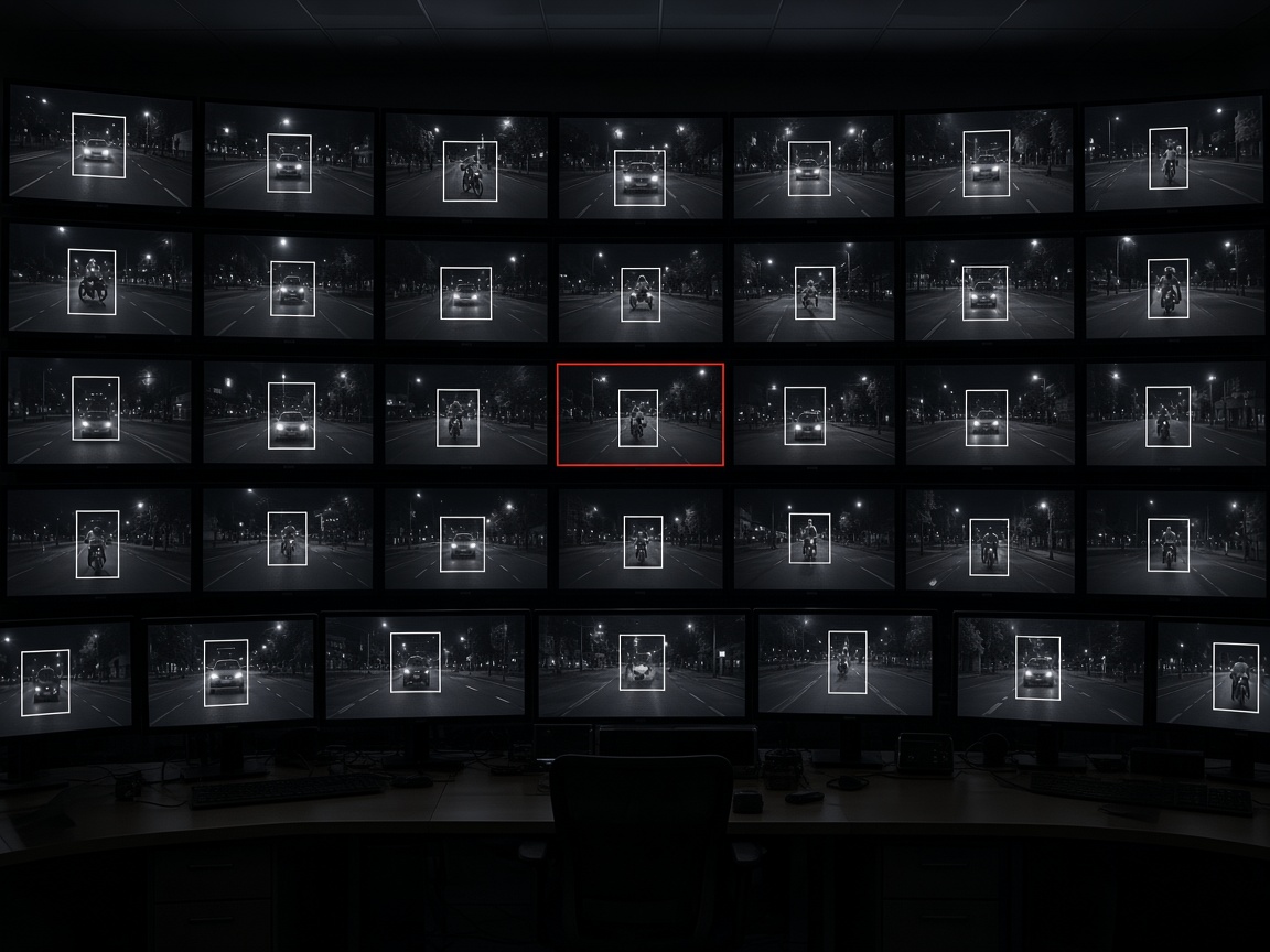 A dark monitor wall of dashcam clips, each with bounding boxes around cars and riders, one clip outlined in red.