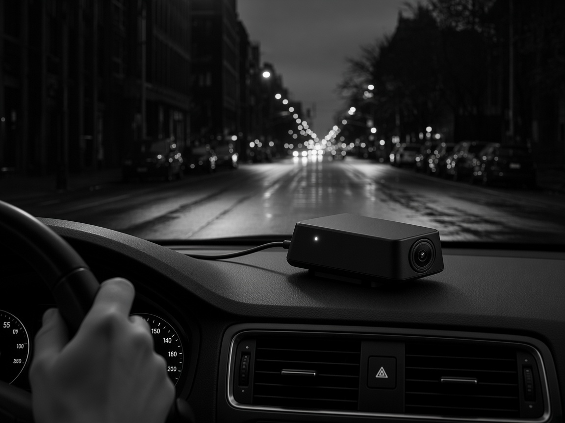 From the passenger seat at dusk: a small black camera on the dashboard, the driver's hands on the wheel, a city road ahead.