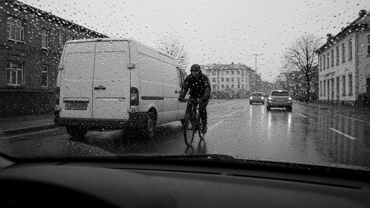 Through a rainy windshield, a cyclist pulls out from behind a van.