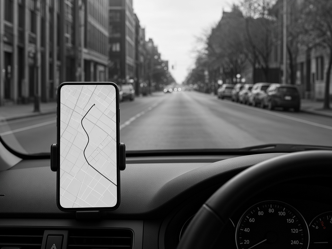 A phone in a dashboard mount showing a plain map with a route line, seen from the driver's seat.