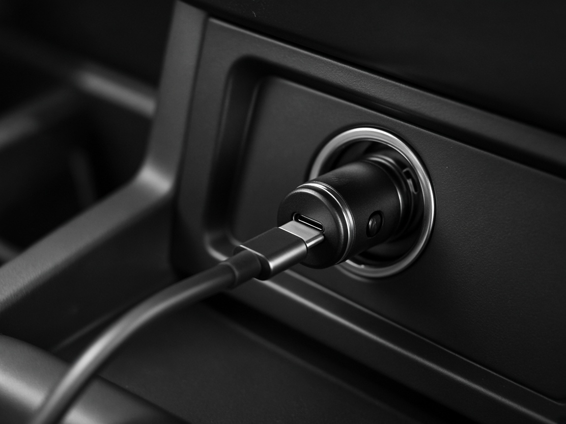 A black USB-C cable plugged into a car's 12 V socket adapter.