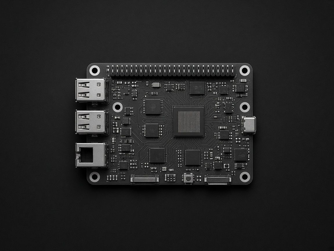 A Raspberry Pi board, photographed from above on a matte black surface.