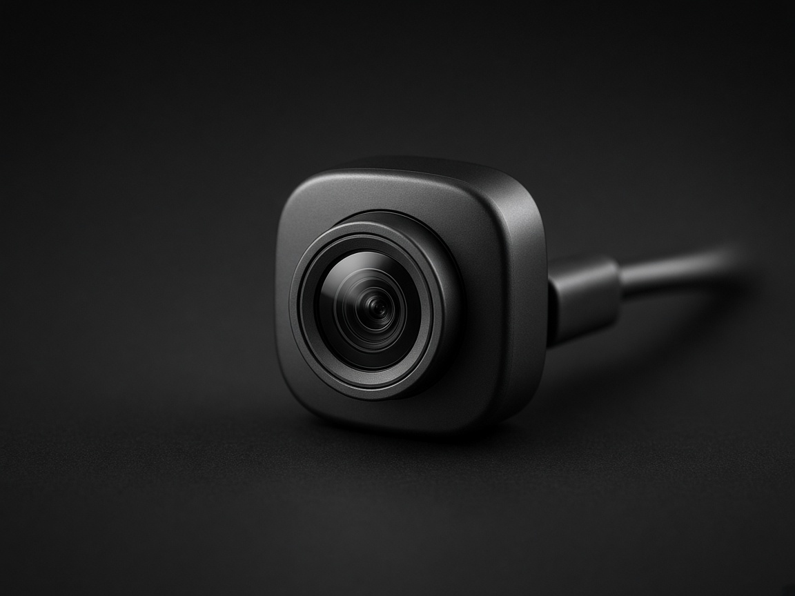 A small USB camera module, lens facing the viewer, on a matte black surface.